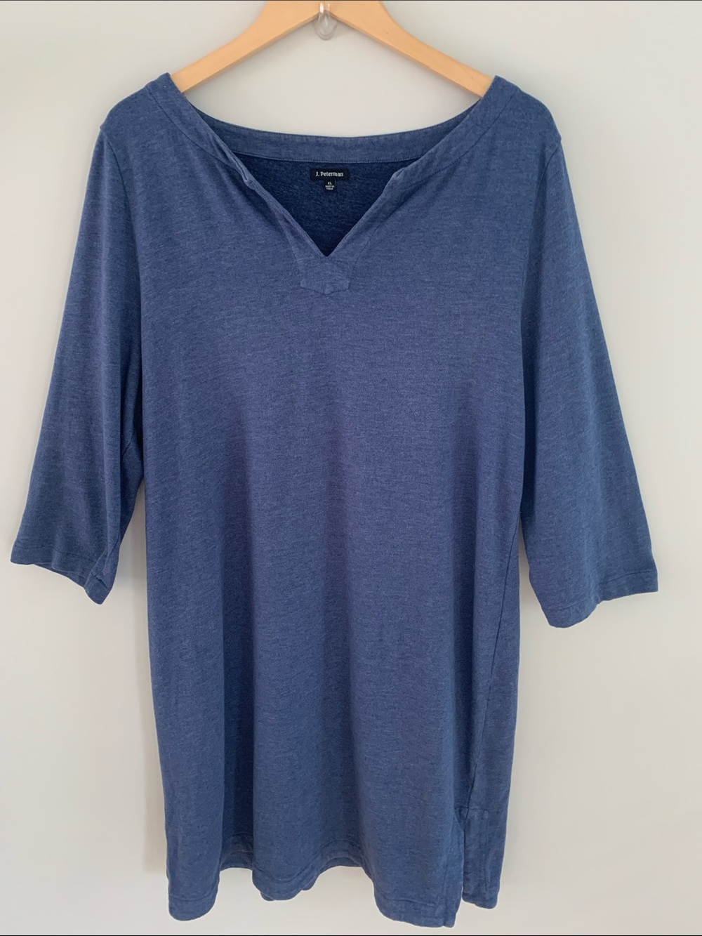 J. Peterman Midi Length V-Neck Knit Sweater Dress Blue XL Casual Lagenlook Loose